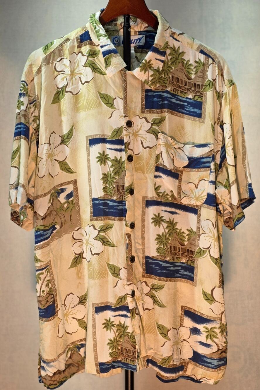 Utility Men's Hawaiian Shirt Large 100% Rayon Tropical Hibiscus Scenic Island